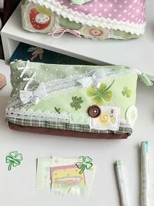 日系小眾設計 Ins 風格蕾絲花朵蝴蝶結三葉草鉛筆袋 女款大容量旅行便攜手提化妝收納包 3D 儲物袋 - 綠色 - 查看 4