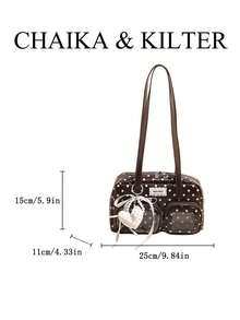 CHAIKA & KILTER 1件裝純色亮面PU布料女款時尚多口袋大容量波士頓保齡球肩背包，滿版波點圖案，拉鍊開合，適合日常與街頭使用（附吊飾） - 咖啡 - 查看 3