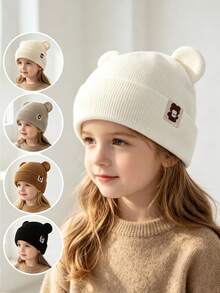 1pc Soft Elastic Knitted Children's Beanie, Bear Ear Patchwork Cuffed Knit Hat, Suitable For Boys And Girls Daily Outdoor And Fashion Wear - 1PC - View 6
