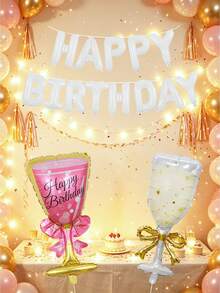 15件組生日快樂氣球套組，包含白色字母生日快樂橫幅、生日快樂紅酒杯，適用於生日派對、生日活動裝飾、公主生日，室內外裝飾 - 多色 - 查看 6