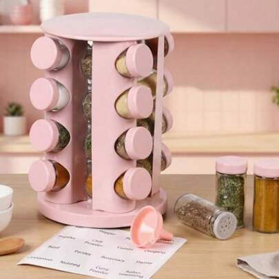 Pink Rotating Spice Rack Seasoning Organizer With 16 Empty Jars, Spice Containers Set With Labels And Funnel, Revolving Seasoning Rack For Kitchen Accessories