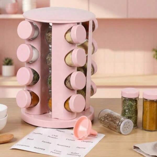 Pink Rotating Spice Rack Seasoning Organizer With 16 Empty Jars, Spice Containers Set With Labels And Funnel, Revolving Seasoning Rack For Kitchen Accessories