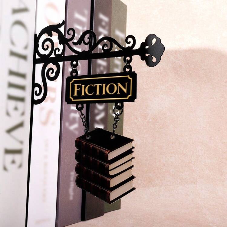1pc 2D Flat Metal Material Bookshelf Divider, Bookshelf Decoration, Home Library Decor, Book Gift, Library Organizer Book Tavern Sign, Bookshelf Decor, Book Gift, Library Organizer, Book Decor Sign. "Horror" Theme. - Black - View 4