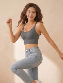 1pc Seamless Cross Back Solid Color Wireless Push-Up Comfortable Sports Bra Lifting Everyday Underwear - Dusty Blue - View 5