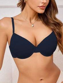 Women's Solid Color Minimalist Underwire Push-Up Bra - Blue - View 4