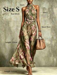 Elegant Women Green Floral Jacquard Halter Neck Long A Line Dress Sleeveless Slit Formal Events Mother Day High Waist Bodycon Maxi Dresses - 綠色 - 查看 4
