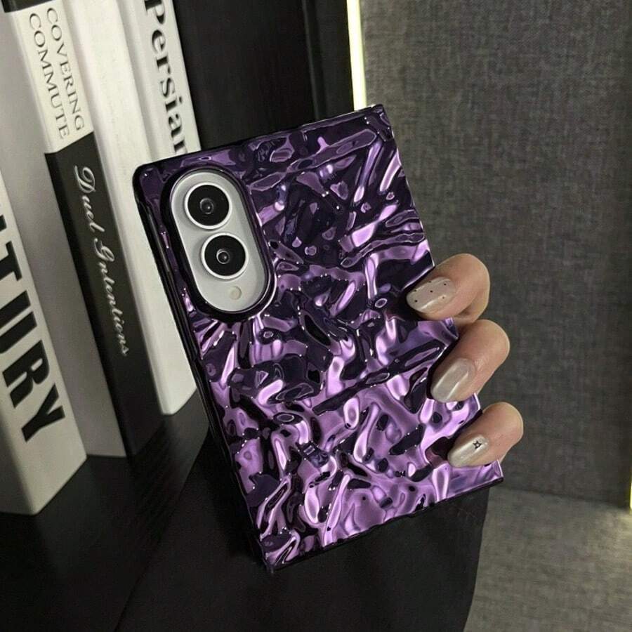 Luxury Minimalist Deep Purple Electroplated Wrinkled Phone Case, Compatible With Samsung Galaxy Z Fold 8 Wide Zfold8 Fold8 Protective Shell, Compatible With IPhone Duo Phone Case - Purple - View 1