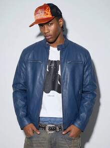Modcrash Men's Lightweight Stand Collar PU Leather Jacket With Zipper Pockets Decor, Motorcycle Style Faux Leather Coat - Royal Blue - View 2
