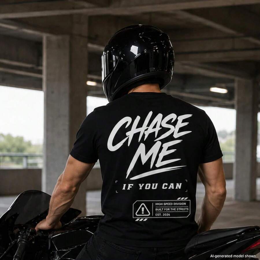 Camiseta 'Persígueme si puedes', Camiseta de Carreras de Motos, Camiseta para Motociclistas Deportivos, Camiseta Gráfica de Carreras Callejeras, Regalo para Motociclistas - Negro - Ver 1