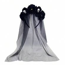 Dies' Gothic Floral Skull Hair Accessory With Veil, Day Of The Dead Floral Skull Hair Accessory, Suitable For Halloween Costume, Wedding - Multicolor - View 7