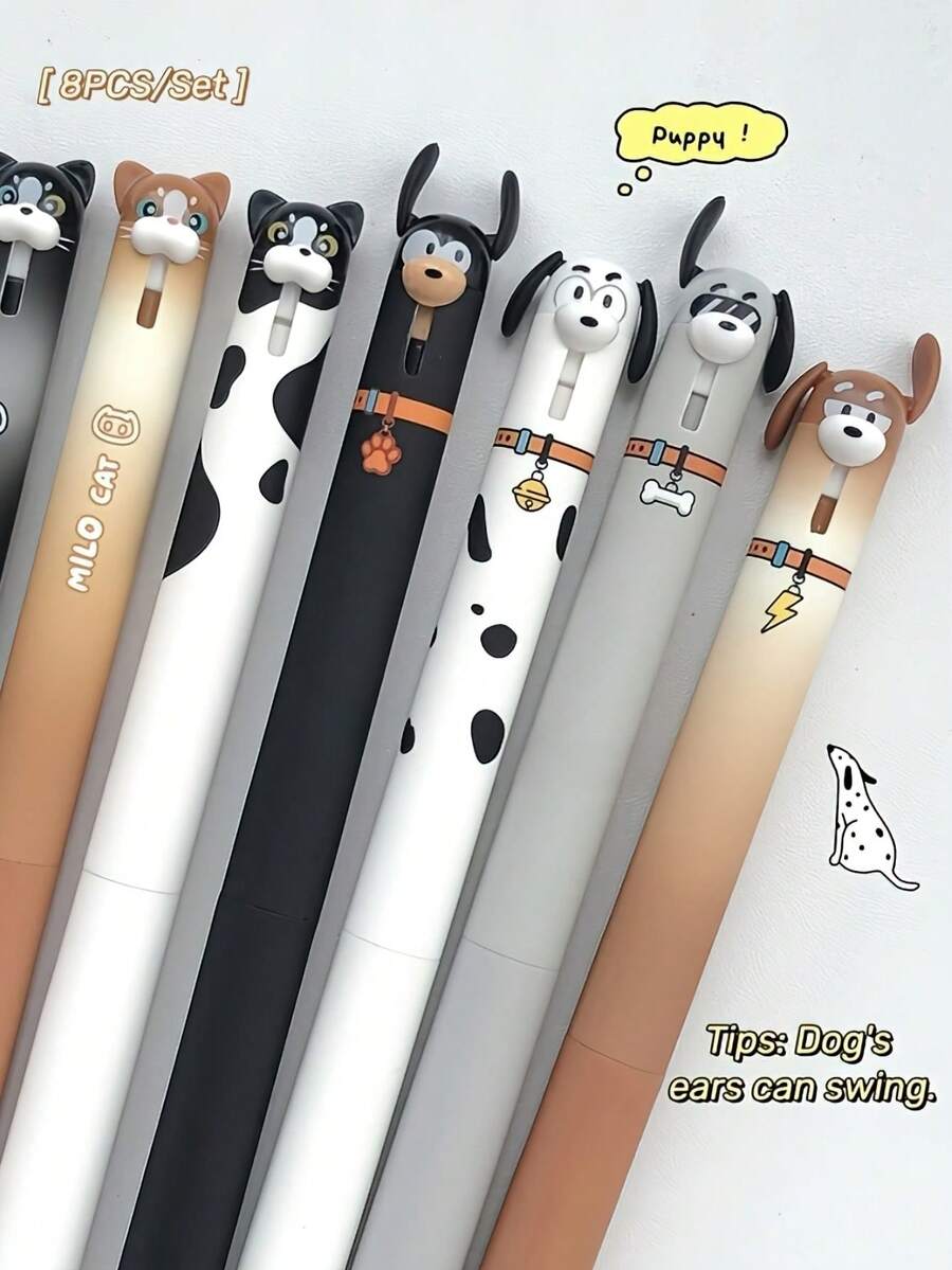 2/4/8pcs Cute Standing Puppy Press-Type Gel Pens, 0.5mm ST Tip, Quick-Dry Black Ink, Cartoon Animal Stationery, Suitable For Note-Taking And Back To School - Multicolor - View 1