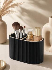 Makeup Brush Holder/PU Leather Cosmetic Display Box/Retro Striped Makeup Brush Rack - Suitable For Vanity Decoration, Bathroom Countertop, Desk Storage Cosmetic Display Box (Cream) , Makeup Room Decor,Makeup Bag,Travel Essential - Multicolor - View 9