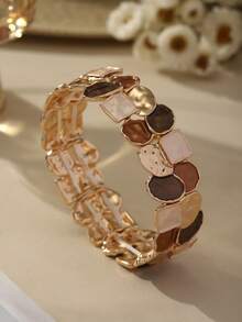Cring Coco Set Gelang Elastis Enamel Blok Warna Kopi Vintage 2 Buah, Gelang Elastis Tumpuk Geometris Tidak Beraturan, Perhiasan Gelang Lebar Bertekstur Retro untuk Wanita - Geometri 1 - View 5