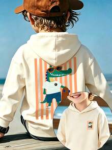 Little Boy Cool Crocodile Skateboard Vertical Stripe Print Hoodie, Soft Long Sleeve Sweatshirt, Suitable For Autumn And Winter Daily Wear. - Apricot - View 2