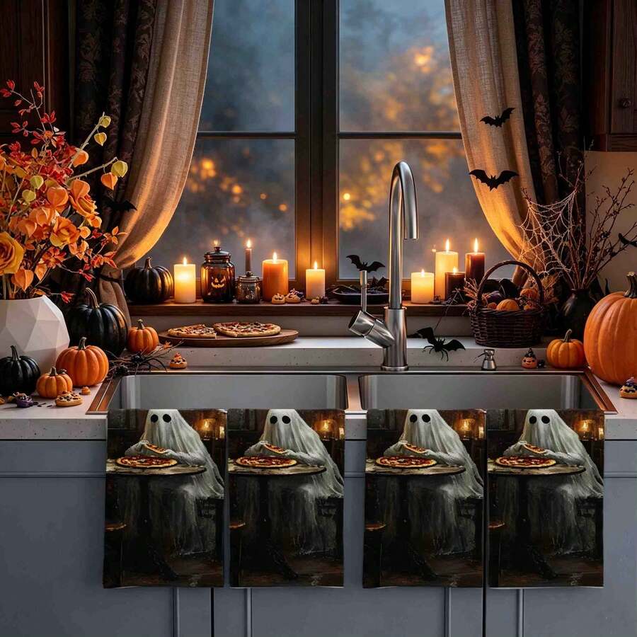 2/4/48pcs Halloween Series Ghost Restaurant Eating Pizza Pattern Printed Kitchen Towels - Ultra Soft, Highly Absorbent Polyester Tablecloths And Hand Towels, Perfect For Holiday Decor, Kitchen Decor, Party Decor.
