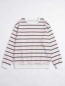 Women's Striped Print Crew Neck Sweatshirt, Loose Drop Shoulder Casual Long Sleeve Pullover - White - View 2