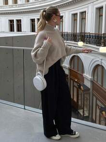 Sweater Pullover Lengan Panjang Leher Tinggi Rajut Bergaris Kasual Minimalis untuk Wanita, Warna Beige, Kain Rajut Elastis Sedang, Cocok untuk Musim Gugur. - lenan - View 5