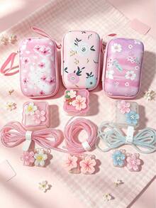 6pcs Sakura Floral Digital Storage Set | EVA Hard Shell Anti-Pressure Earphone & Data Cable Storage Bag, Cute Charger Case + Full Data Cable Protective Set, Suitable For Commuting & Travel - Multicolor - View 2