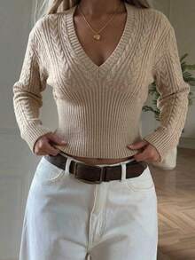 Women's Apricot V Neck Cable Knit Sweater, Textured Cropped Long Sleeve Casual Pullover, Versatile Fall Winter Daily Knit Top - Beige - View 4