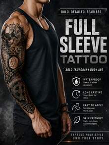 1 Pc Full Arm Temporary Tattoo Sleeve, Black & Grey Gothic Skull Warrior Ship Design, Steampunk Mechanical Style Fake Tattoo Sticker, Realistic Body Art, Waterproof Long Lasting Tattoo Transfer For Men - Black - View 3