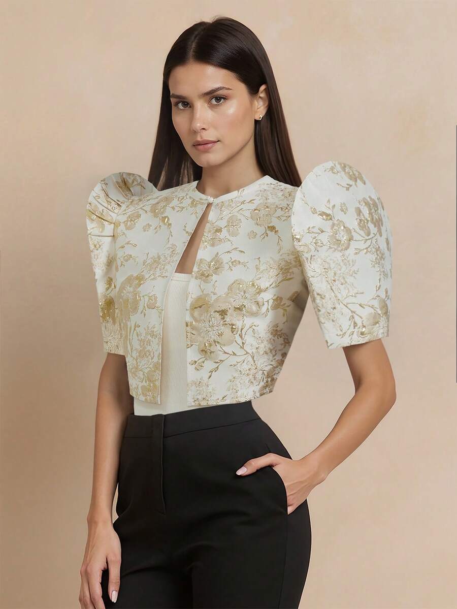 Modern Filipiniana Top Elegant Floral Jacquard Petal Sleeve Top - Champagne - View 1