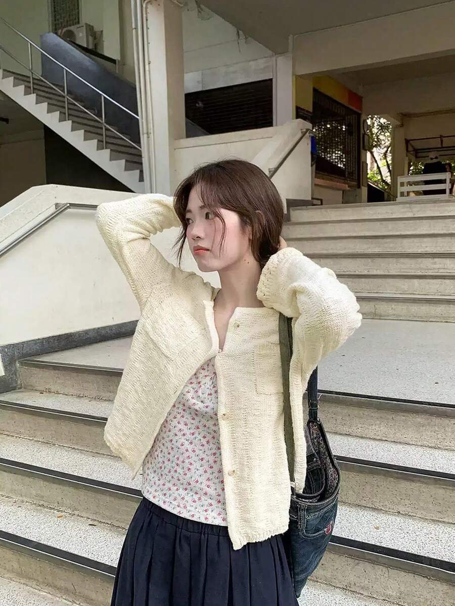 Korean Style Gentle Hollow Knit Cardigan, Spring/Autumn Slouchy Slimming Jacket