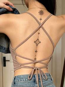 STARTTOOS 1pc Long Spine Back Tattoo Sticker - Black Minimalist Floral & Star Pattern Temporary Tattoo Decal For DIY Carnival Beach Party Holiday Gift Arm & Thigh - Black - View 2