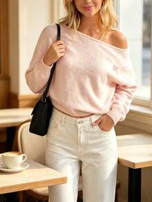 Women's Winter Pink Knit Plus Size Sweater, Asymmetric Neckline, Long Regular Sleeve - Pink - View 2