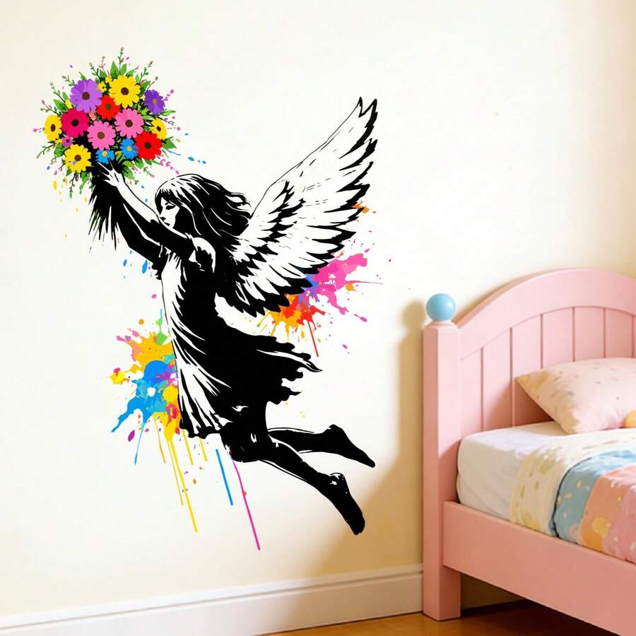 4/2/1 Sets Street Art Style Wall Sticker, Angel Girl With Colorful Flower Splash Ink Pattern Multicolor Removable Vinyl Wall Decal, Art Lovers Bedroom Salon Door Decor Popular Aesthetic Home Decorations - Flower Bouquet Angel - View 1