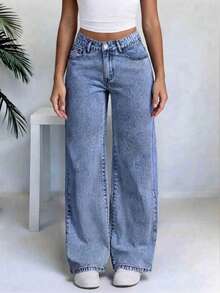 Jeans rectos y sueltos de estilo casual con bolsillos, adecuados para adolescentes - Azul lavado medio - Ver 4
