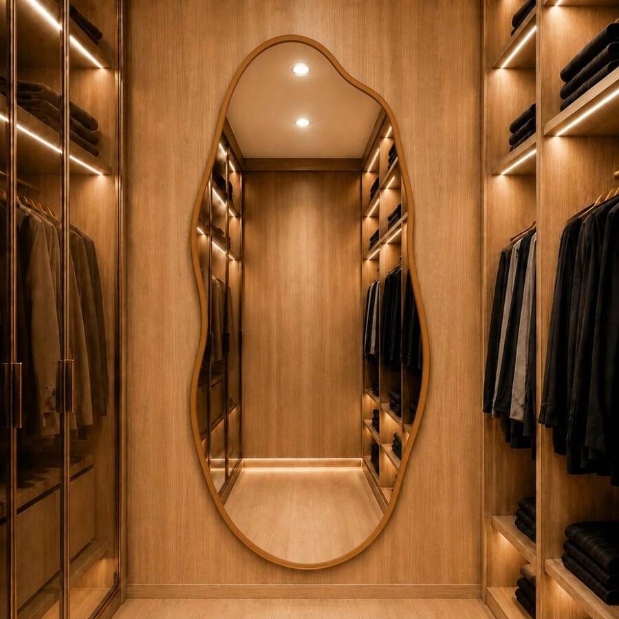 Espelho em couro modelo Sinuoso de Parede Design Orgânico - Estilo moderno - CARAMELO - Visão 1