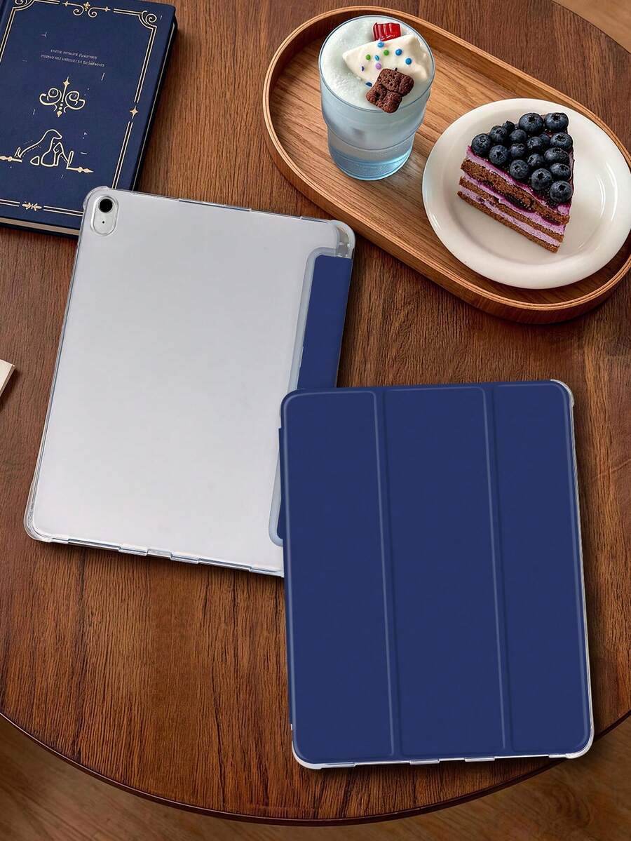 1件海軍藍三折平板保護殼，附筆槽，相容 iPad Mini 4/5/6/7/Air/Air 2/9.7/10.2/10.5/10.9 (Air 4-Air 8)/Pro 11/10th Gen/A16/Pro 11 2024、Galaxy A8，柔軟霧面翻蓋式保護殼，三折支架，休眠/喚醒功能，內建筆槽，不含筆