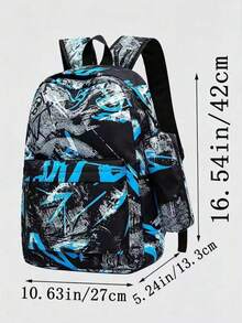 Men's 2-Piece Graffiti-Print Nylon Backpack And Crossbody Bag Set, Street Style, Suitable For Teenage Boys To Go To School (Back-To-School Backpack). - Blue - View 6