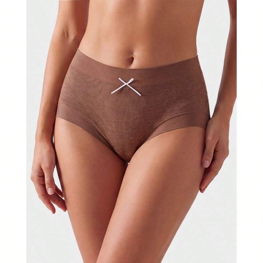5-Pack Women's High Waist Ribbed Panties, Bow Decor, Odor Resistant, Breathable, Skin Friendly, Soft Stretch, 3D Hip Shaping, Daily Wear - Multicolor - View 1