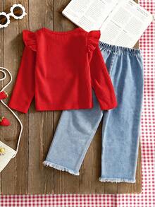 Girls Red Waffle Knit Flutter Sleeve Long Sleeve Top & Cherry Embroidered Frayed Hem Straight Leg Denim Jeans 2 Pieces Set, Sweet Style Spring/Autumn - Red - View 2