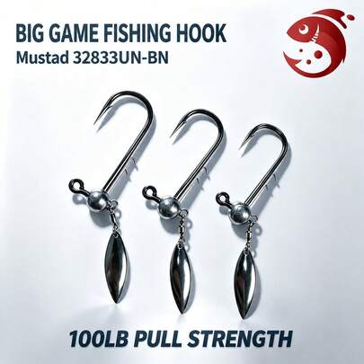 3 piezas de señuelos de pesca con cabeza de jig de cebo blando, anzuelos para peces grandes de agua salada como el mero, anzuelo individual de señuelo, anzuelo de pez con brillo giratorio, anzuelo de pesca de gran juego con fuerte penetración