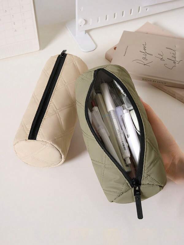 1pc Large Capacity Minimalist Solid Color Leather Waterproof Rhombus Pattern Cylindrical Pencil Case, Portable Wear-Resistant Pencil Holder For Students, Back To School Essential Stationery
