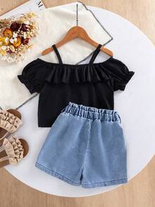 Set de 2 piezas de top con tirantes finos y volantes off-shoulder emparejado con shorts versátiles de diario con lazo y botones laterales, adecuado para uso diario, al aire libre, escuela, transporte, calle para niña joven en verano - Negro - Ver 3