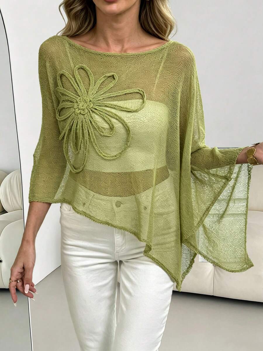 女款夏季純色不對稱刺繡披風式休閒寬鬆大碼圓領針織上衣