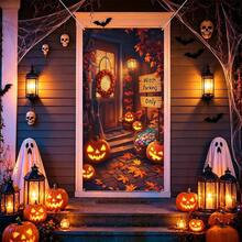 1 pieza Pancarta de puerta de Halloween oscura, calabaza multicolor, esqueleto, bruja, calavera, pared agrietada de terror, tela para cubrir la puerta, decoración espeluznante para el porche delantero y la puerta principal del hogar, decoración para fiesta de Halloween, casa embrujada, entrada del jardín, fondo de cabina de fotos, Navidad, Halloween - Fondo de Halloween - Ver 10