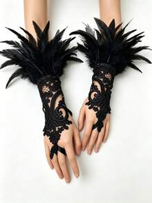 Gothic Black Feather Lace Gloves, Hollow Fingerless Wrist Cuffs, Halloween Party Cosplay Photography Decorative Sleeves - Multicolor - View 2