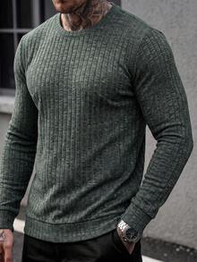 GRDR Fine Textured Vertical Ribbed Crew Neck Simple Basic Solid Color Men's Daily Casual Sports Long Sleeve Pullover Top - Green - View 2