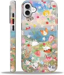 Case Compatible With IPhone 16, Hybrid 2-Layer Hard Shell Protection Case, Shockproof Protective Tough Phone Cover For IPhone 16, Rabbit Strawberry And Flower - 白色 - 查看 1