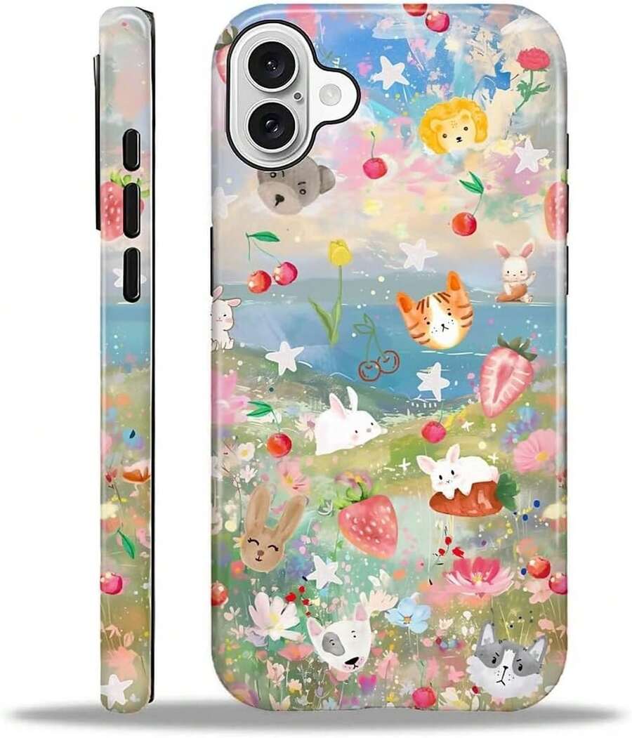 Case Compatible With IPhone 16, Hybrid 2-Layer Hard Shell Protection Case, Shockproof Protective Tough Phone Cover For IPhone 16, Rabbit Strawberry And Flower - 白色 - 查看 1