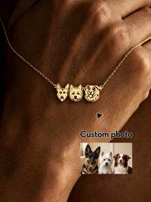 1pc Personalized 1-4 Pet Engraved Cat Dog Portrait Necklace, Gold Plated Stainless Steel Thin Chain, Pet Mom Style - Gold - View 1