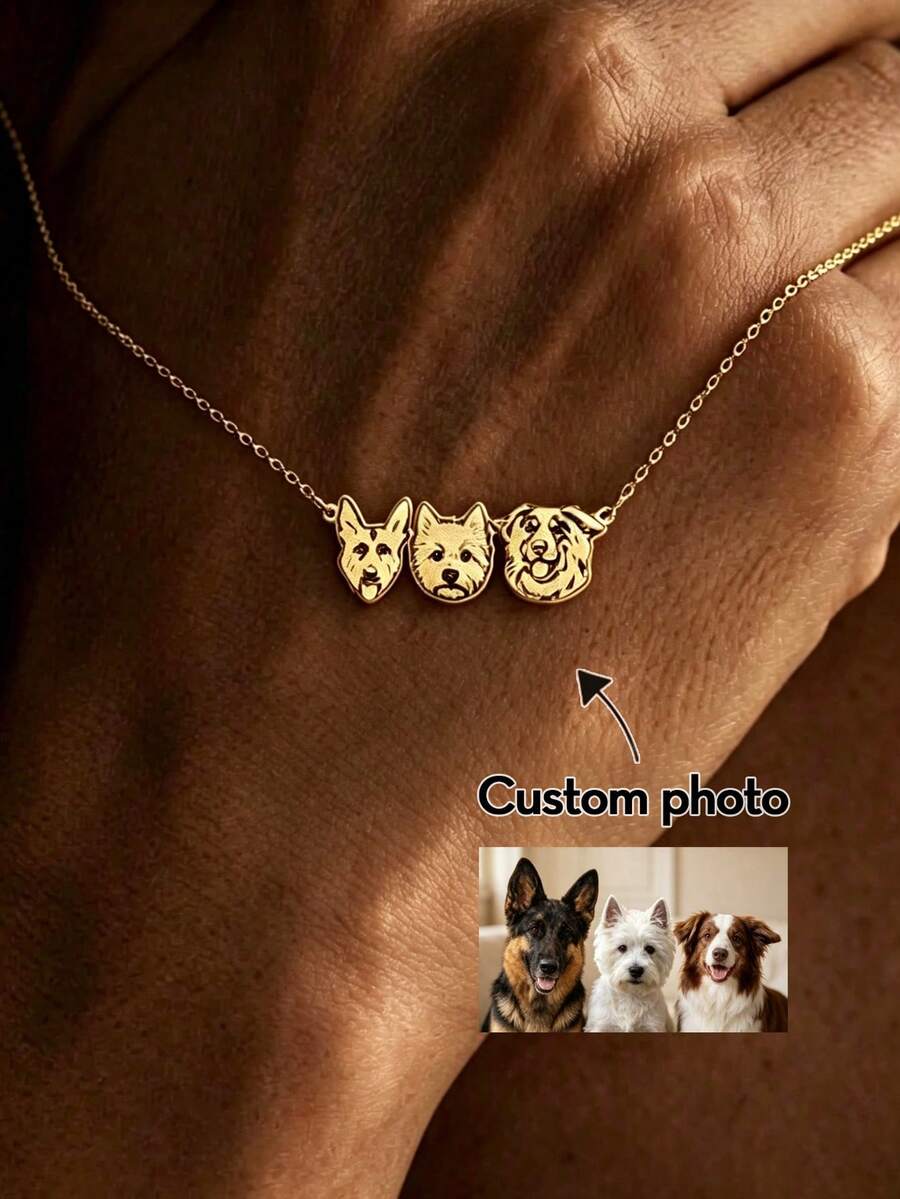 1pc Personalized 1-4 Pet Engraved Cat Dog Portrait Necklace, Gold Plated Stainless Steel Thin Chain, Pet Mom Style - Gold - View 1