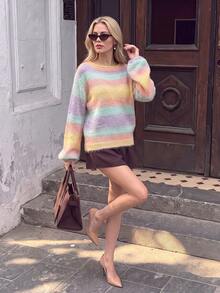 Women Fall Winter Vintage Striped Knit Sweater, Gradient Stripe Crew Neck Crop Pullover Daily Fall Outfit, Random Color Shipment - Multicolor - View 8