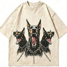 2026 New Arrival Summer Unisex Cerberus Doberman Graphic T-Shirt,Sleeve Tee, Gothic Three-Headed Dog Print Oversized Top For Streetwear - 杏色 - 查看 2