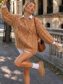 Joy Knit 女士秋冬新款百搭上衣 - 简约休闲风 - 复古圆领粗针织套头衫 - 适合办公室、外出、派对、万圣节、新年等场合 - 卡其色 - 查看 4