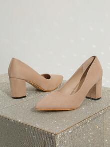 Pointed Toe Chunky High Heel, Suede Low Vamp Elegant Noble Suitable For Party, Workplace, Daily Commute Wear, Fashionable Versatile Women's Pumps - Apricot - View 6